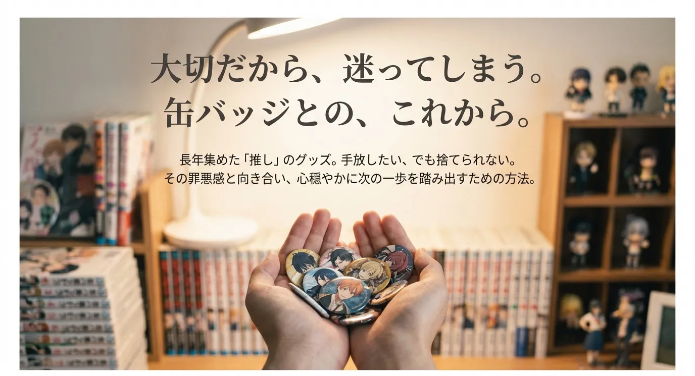 タイトル「大切だから、迷ってしまう。缶バッジとの、これから。」長年集めた推しのグッズを手放す罪悪感と向き合い、次の一歩を踏み出す方法を提案する表紙スライド