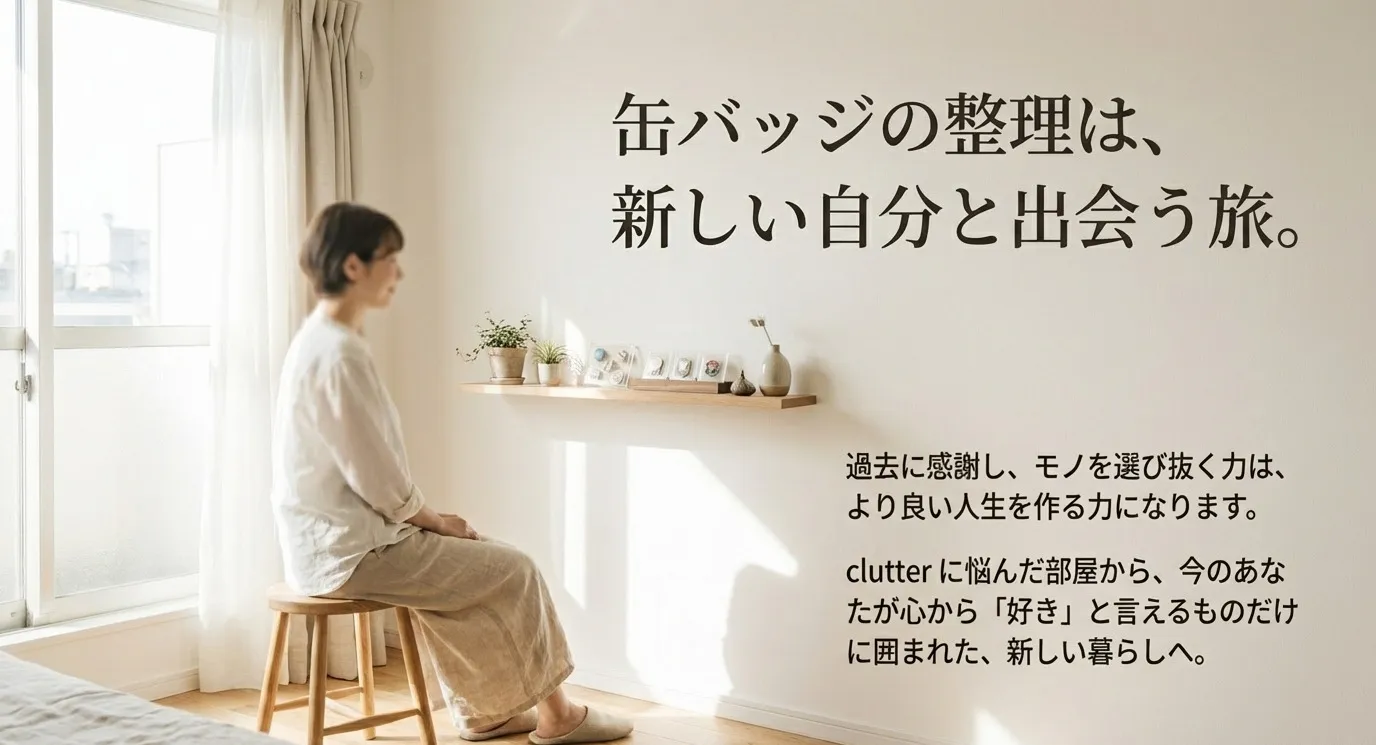 過去に感謝し、モノを選び抜く力はより良い人生を作る力になるというメッセージ。clutter（散らかったモノ）に悩む部屋から、心から「好き」なものだけに囲まれた新しい暮らしへ