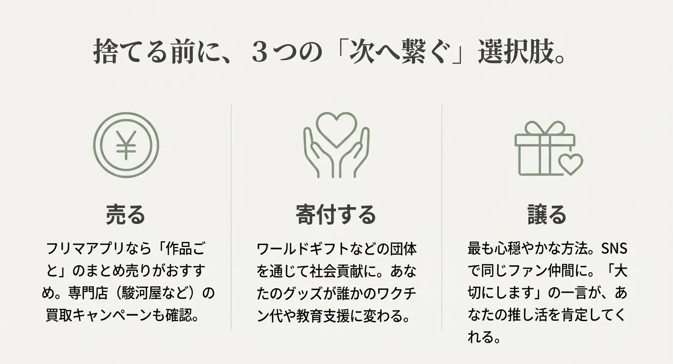 売る（フリマアプリ・専門店）、寄付する（ワールドギフト等を通じた社会貢献）、譲る（SNSのファン仲間）という、ゴミとして捨てる以外の3つの手放し方を比較した図
