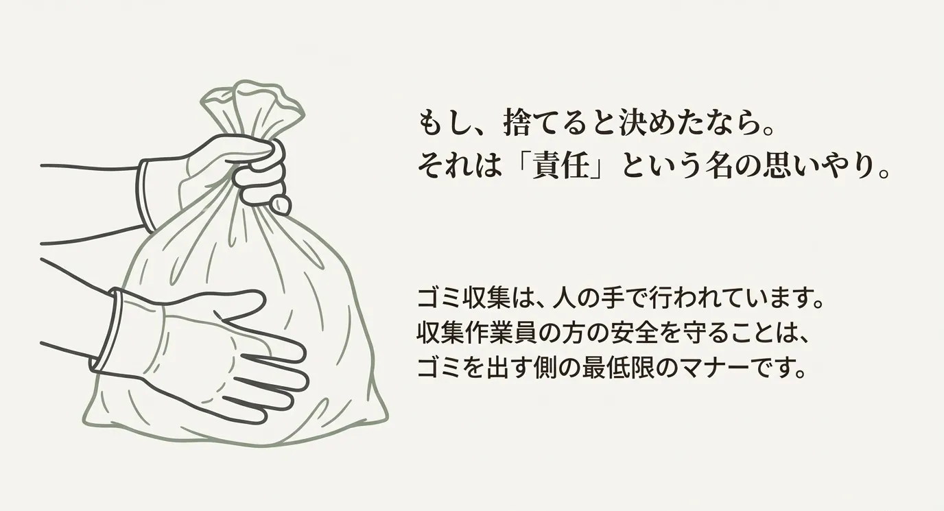 ゴミ袋を両手で持つイラスト。ゴミ収集は人の手で行われていることを強調し、作業員の安全を守ることはゴミを出す側の最低限のマナーであると説明