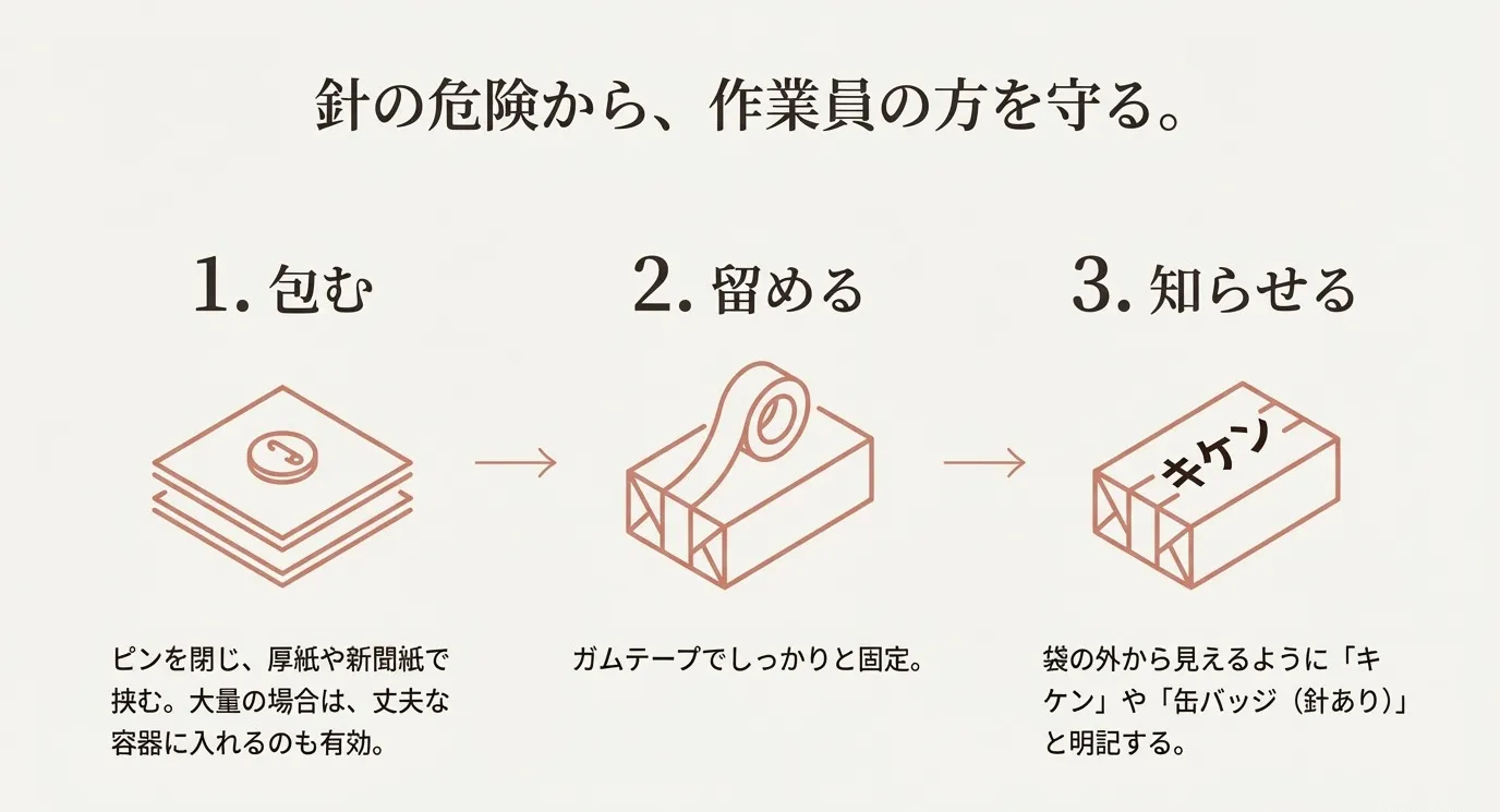 缶バッジを安全に捨てるための3工程（1.包む、2.留める、3.知らせる）のイラスト。厚紙で挟み、ガムテープで固定し、袋の外から「キケン」と明記する手順を解説