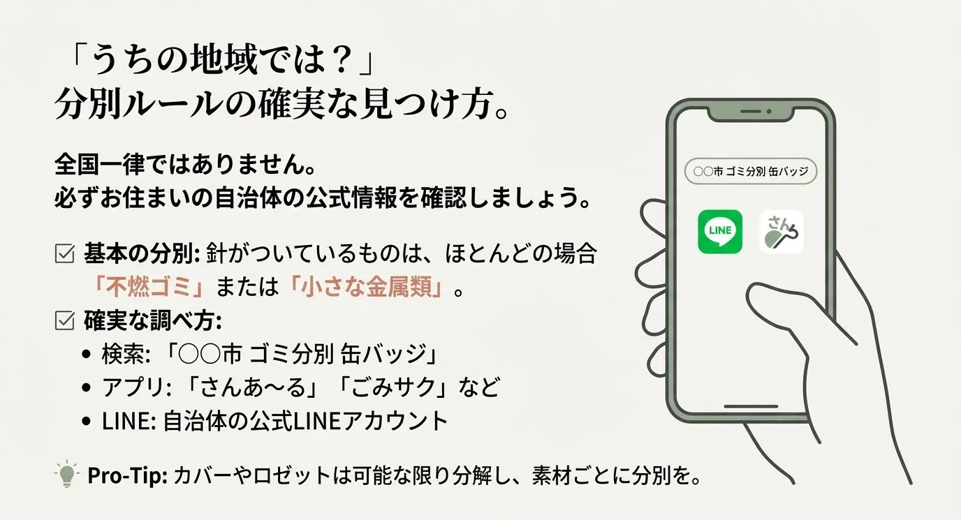 自治体ごとに異なる分別ルールを調べる方法。検索キーワード「〇〇市 ゴミ分別 缶バッジ」や、ゴミ分別アプリ「さんあ〜る」「ごみサク」、公式LINEアカウントなどの活用を促す図