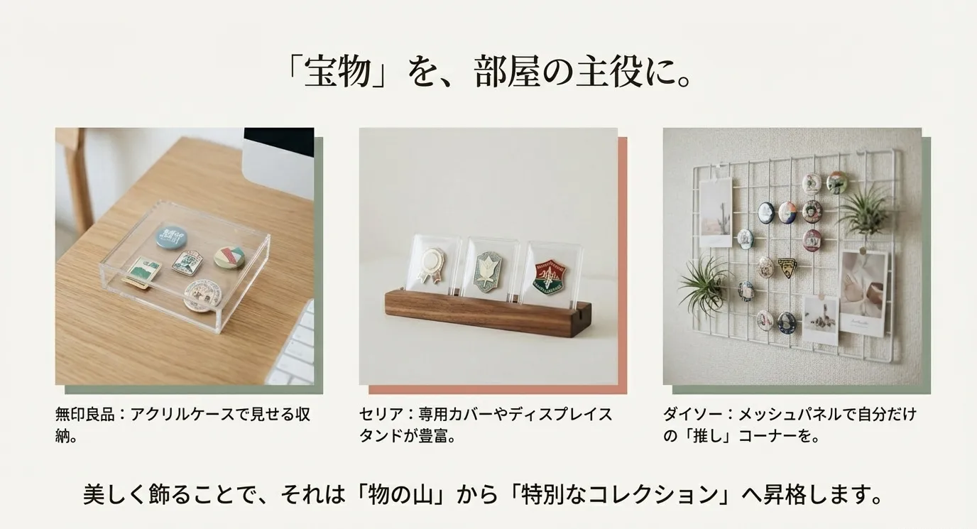 無印良品のアクリルケース、セリアのスタンド、ダイソーのメッシュパネルを使用した、缶バッジを美しく飾るためのディスプレイ例の写真