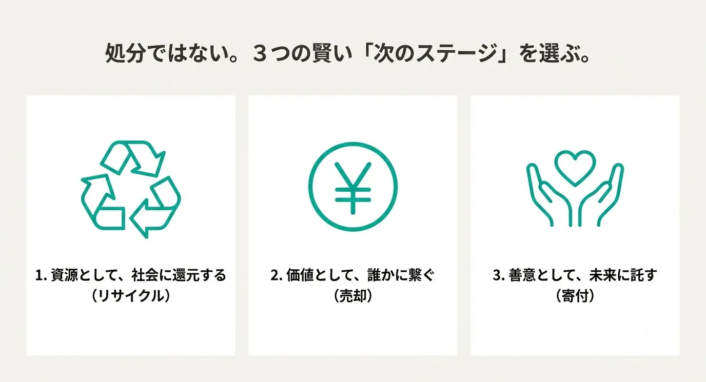 処分ではなく、リサイクル・売却・寄付という3つの選択肢を、リサイクルマーク、円記号、ハートのアイコンで提示するスライド。