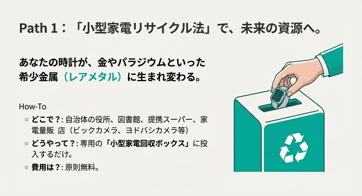 小型家電回収ボックスにスマートウォッチを入れるイラストと、設置場所（役所、家電量販店等）、方法、費用の詳細をまとめたスライド。
