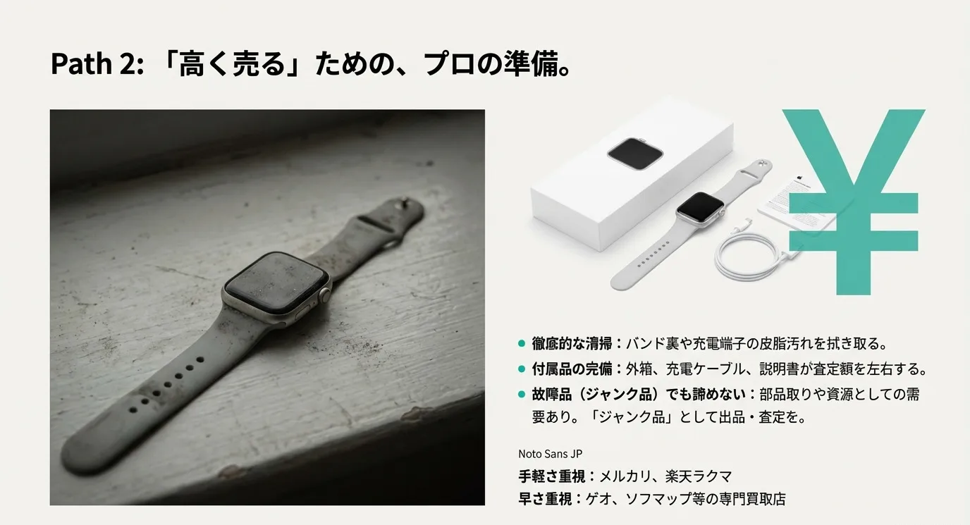 清掃の徹底、付属品の完備、ジャンク品の扱い、販売先の選び方（メルカリ・専門買取店）を解説する、製品写真付きのスライド。
