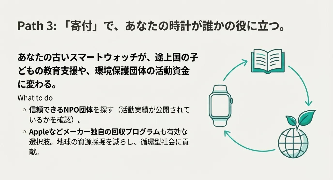 時計、本、地球、循環の矢印のイラストと共に、NPO団体への寄付やApple等のメーカー回収プログラムによる循環型社会への貢献を説明するスライド。