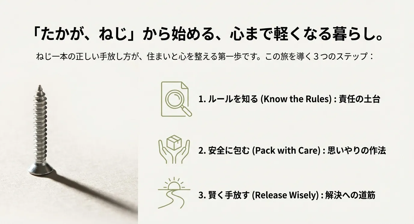 住まいと心を整えるための3つのステップ（1.ルールを知る、2.安全に包む、3.賢く手放す）が書かれた案内図