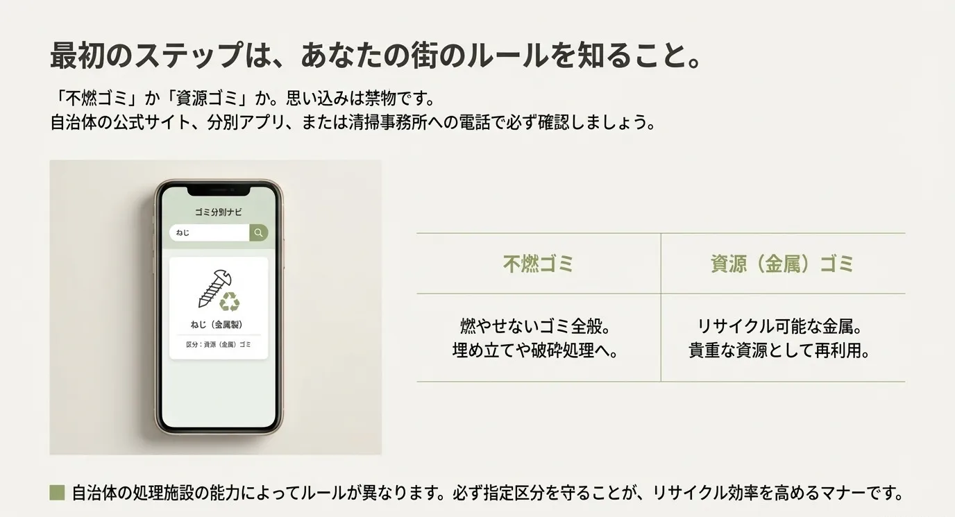 不燃ゴミ（埋め立て・破砕処理）と資源ゴミ（リサイクル可能な金属）の違いを説明する比較表