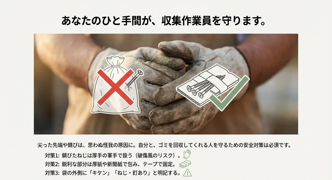 軍手をはめた手で、ねじをそのまま袋に入れるのではなく、厚紙や新聞紙で包んで固定する正しい梱包方法を示したイラスト