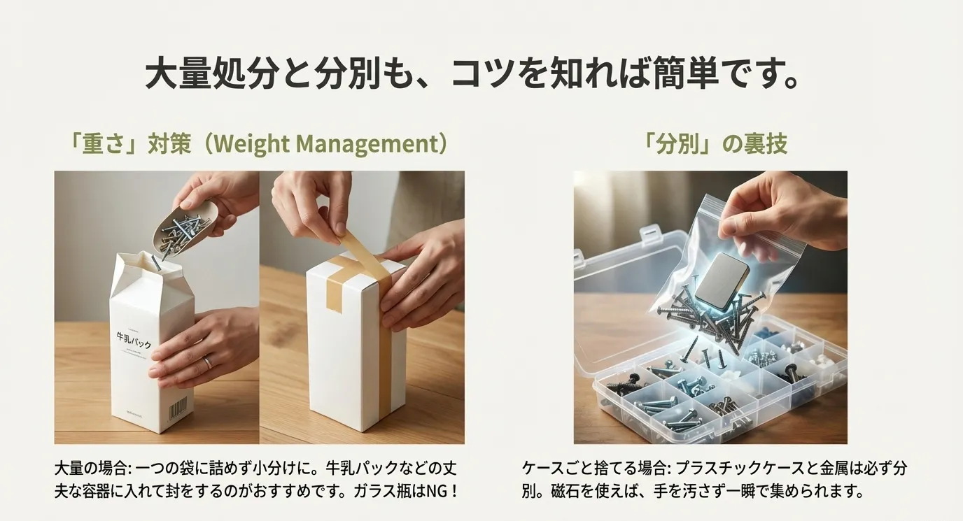 大量のねじを丈夫な牛乳パックに入れて封をする方法と、磁石を使ってケースからねじを効率よく集める方法の比較写真