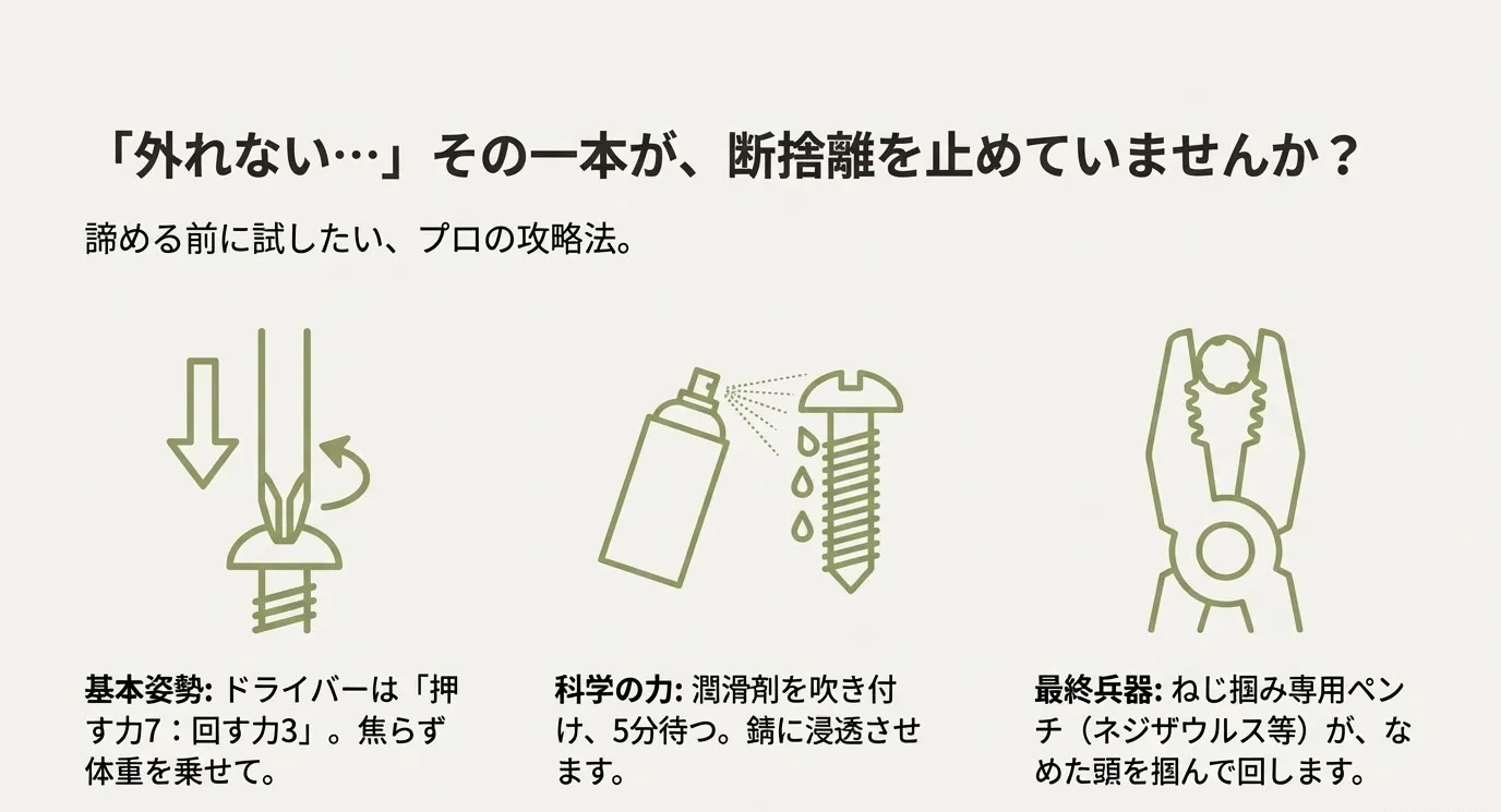 ドライバーの「押す力7：回す力3」の基本姿勢、潤滑剤の使用、ねじ掴み専用ペンチ（ネジザウルス等）の使用を説明するアイコン