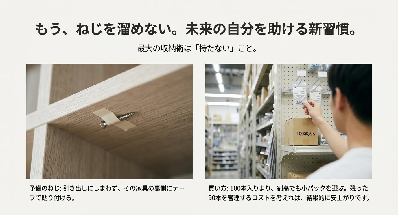 家具の裏側に予備のねじをテープで貼り付けている写真と、大量パックではなく小パックを選ぶ買い方のコツ