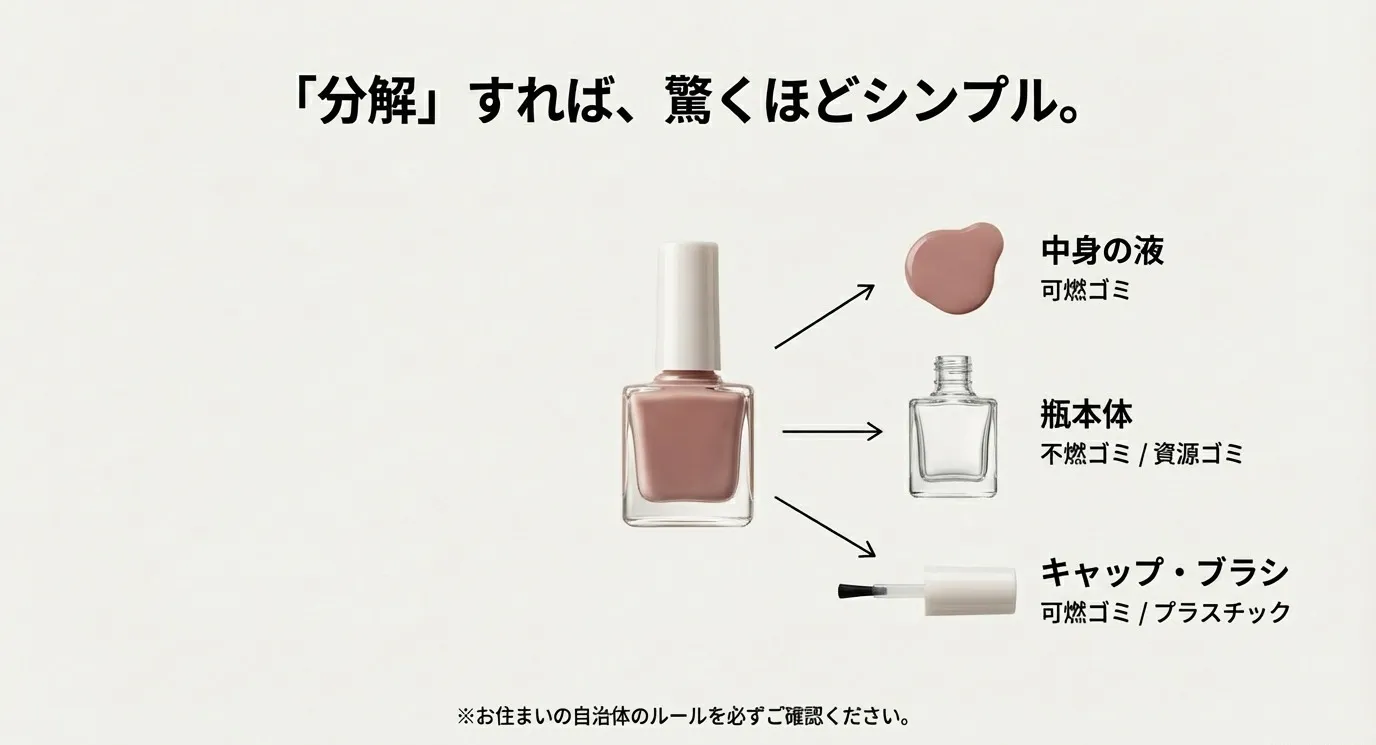 マニキュアを分解した際の分別表。中身の液は可燃ゴミ、瓶本体は不燃・資源ゴミ、キャップ・ブラシは可燃・プラスチックと、パーツごとの出し方を示している。