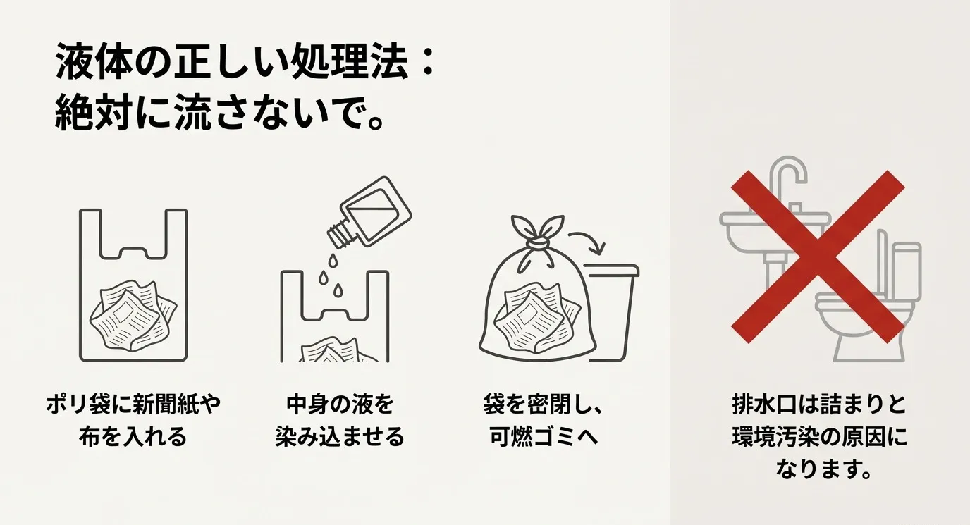 液体の処理手順をイラストで解説。ポリ袋に新聞紙や布を入れ、液を染み込ませて密閉し、可燃ゴミへ出す。排水口に流すのはNG。