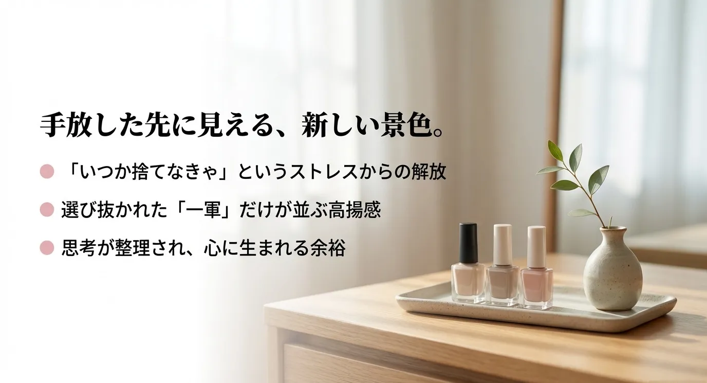 ストレスからの解放、選び抜かれた一軍だけが並ぶ高揚感、思考が整理され心に余裕が生まれるメリットを挙げたスライド