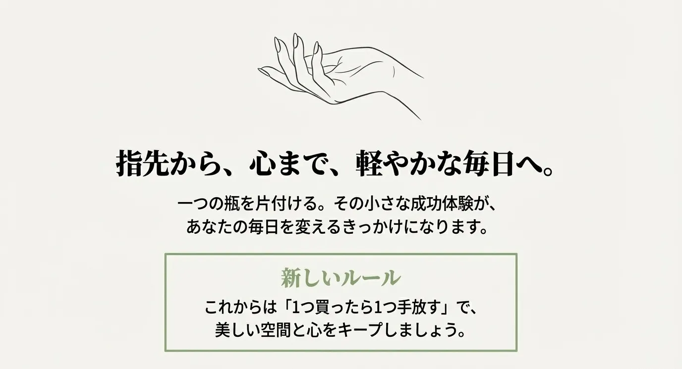 指先から心まで軽やかな毎日へ。1つ買ったら1つ手放す新ルールで美しい空間をキープすることを提案し、指先のイラストを添えたスライド。