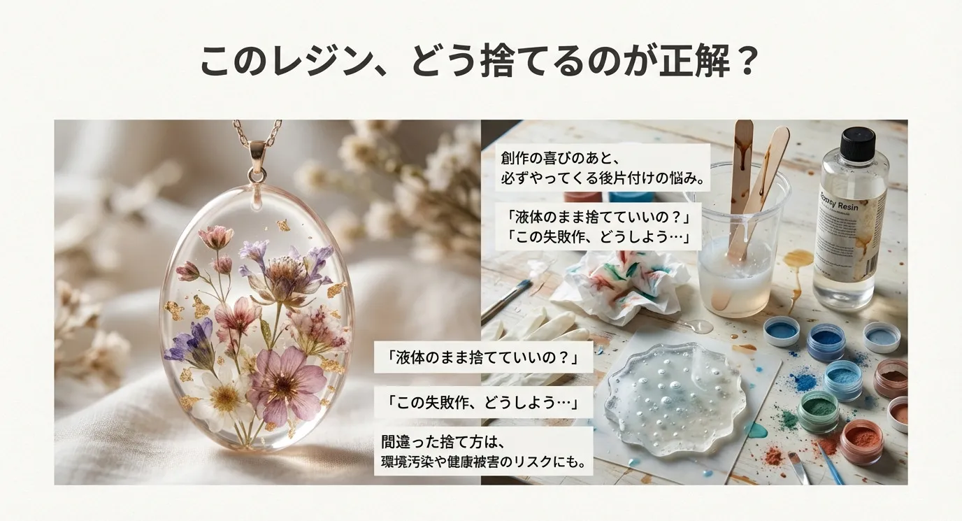 このレジン、どう捨てるのが正解？創作の喜びのあとの後片付けの悩みに答えるタイトルスライド