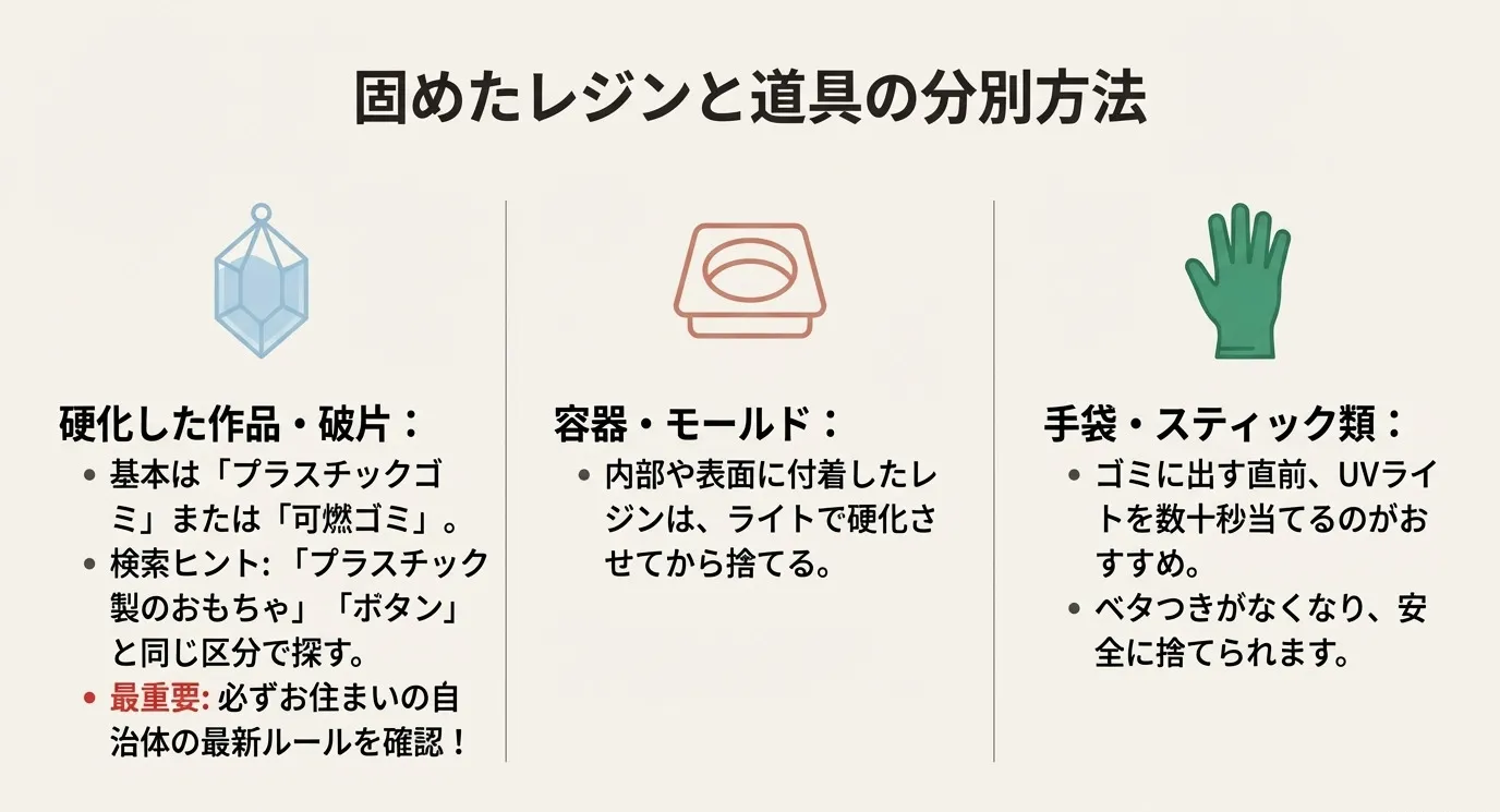 硬化した作品や破片、容器、手袋、スティック類の分別と、捨てる前にライトで固めるコツの紹介