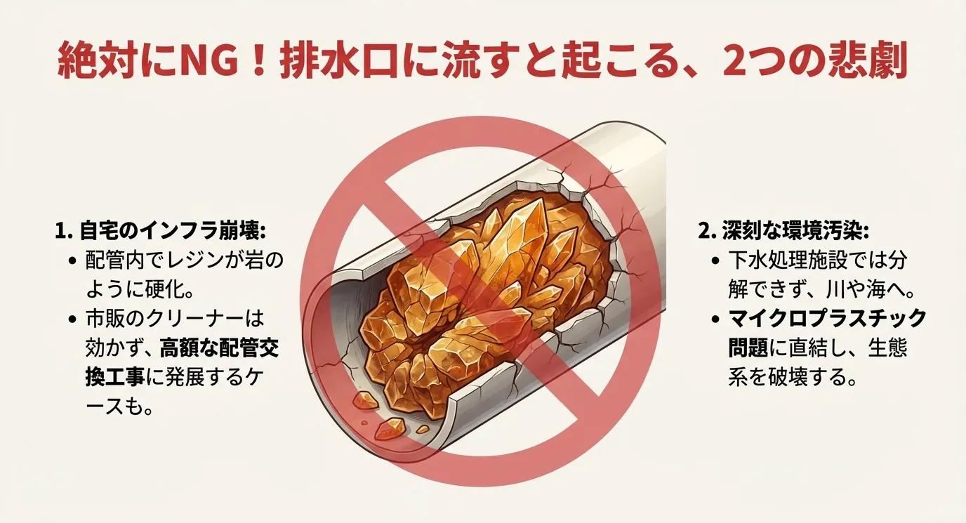 配管内でレジンが岩のように固まるイラストと、インフラ崩壊やマイクロプラスチックによる環境汚染のリスク説明