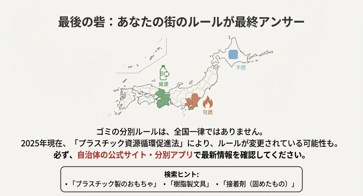 日本地図とゴミ分別のアイコン。地域によって異なるルールを自治体サイトやアプリで確認することを促す図解