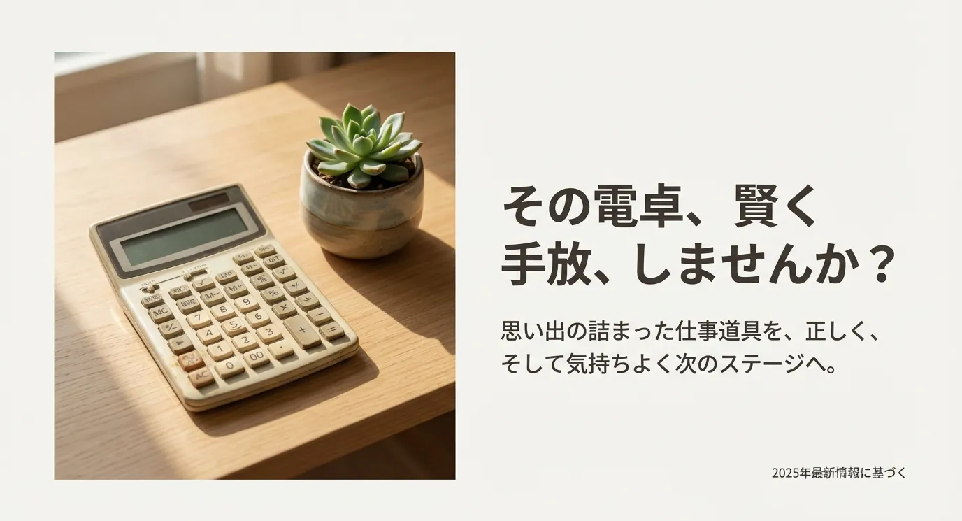 木目調のデスクに置かれた古い電卓と多肉植物。2025年最新情報に基づく電卓の手放し方を提案するタイトル画像