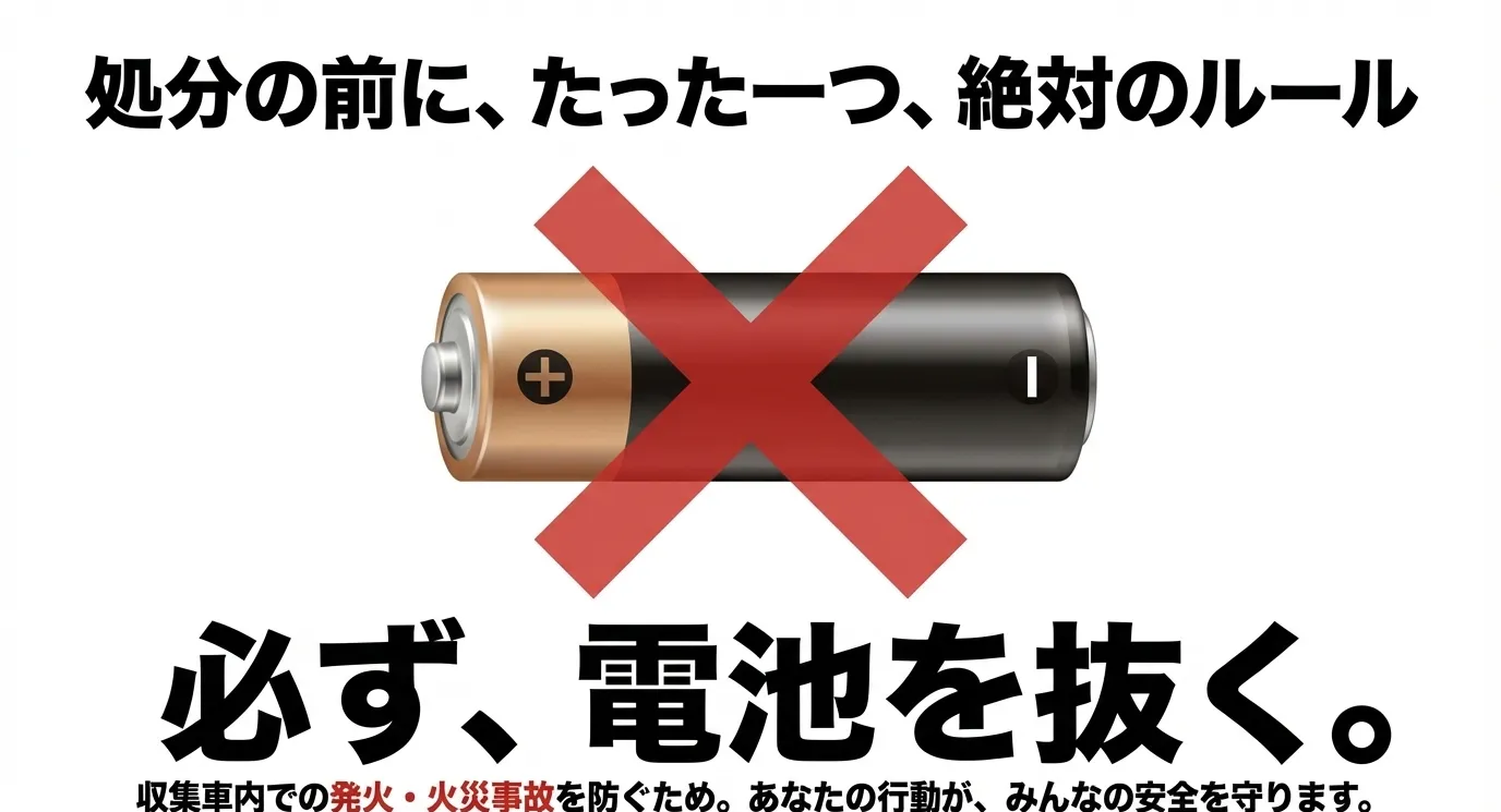 大きな文字で「必ず、電池を抜く。」と書かれた警告。収集車内での発火・火災事故を防ぐための重要なマナー