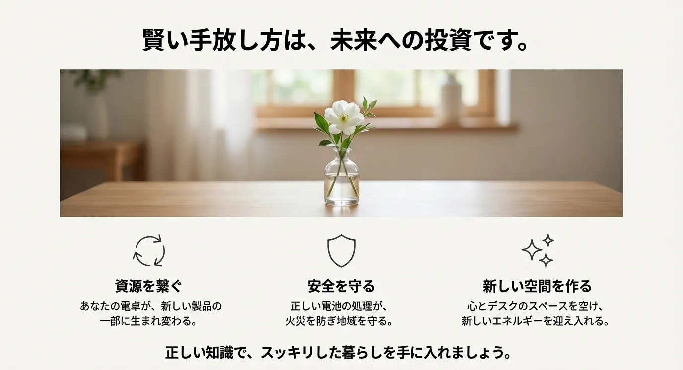 正しい手放し方のまとめ。「資源を繋ぐ」「安全を守る」「新しい空間を作る」という、未来への投資としてのメリットを整理したスライド。