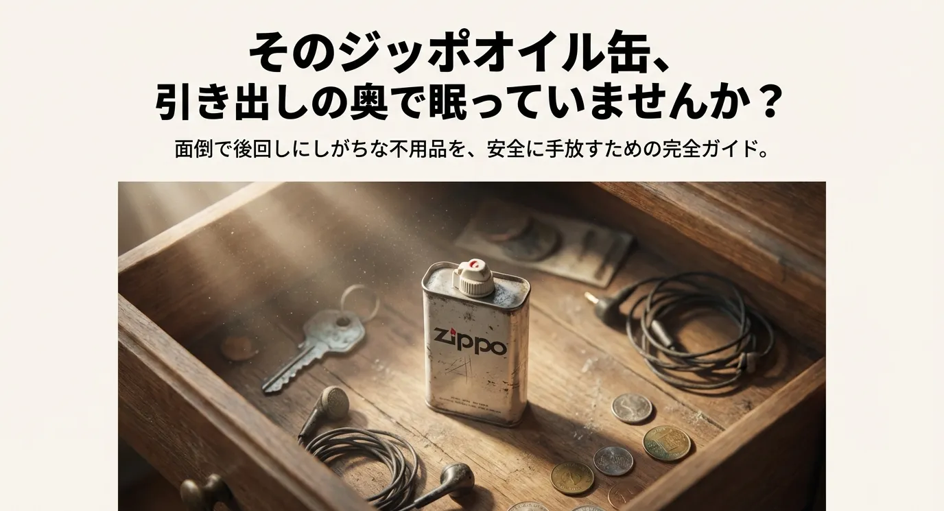 引き出しの奥にあるジッポオイル缶と鍵、小銭のイメージ。不用品を安全に手放すための完全ガイドという表題。