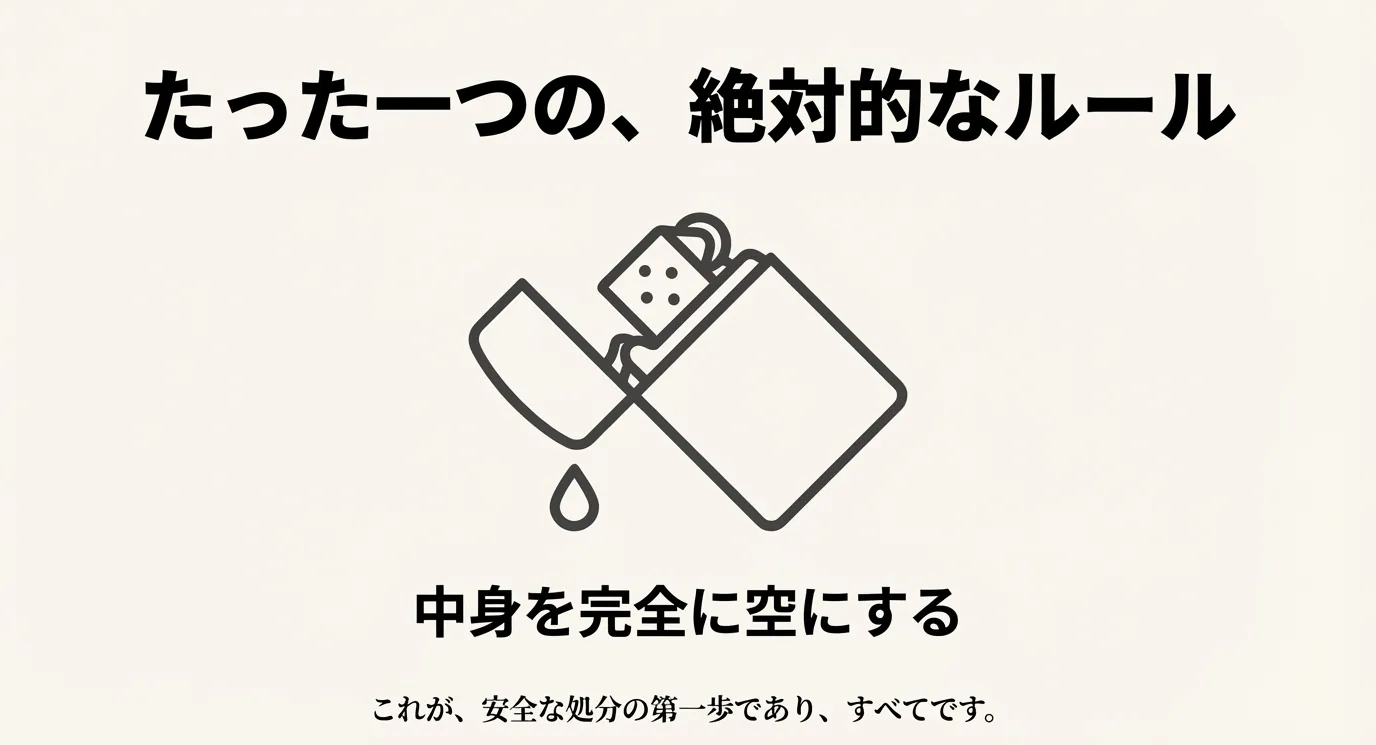 ジッポオイル缶からオイルを垂らしているイラスト。「中身を完全に空にする」という絶対的なルールを強調