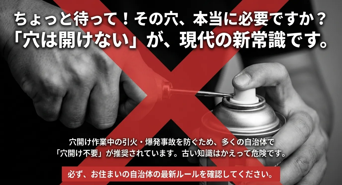 「穴は開けない」が現代の新常識であることを伝えるスライド。事故防止のため自治体が推奨している旨の記載