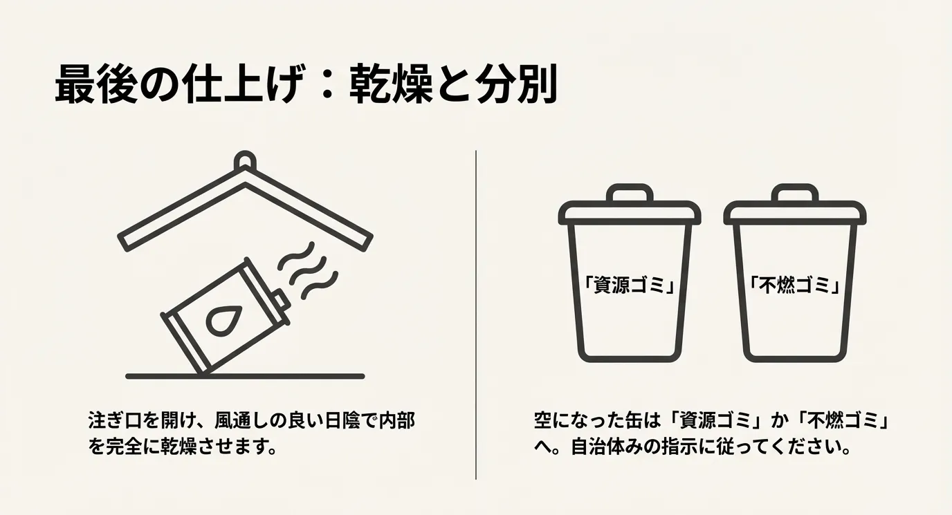 風通しの良い日陰で缶を乾燥させるイラストと、資源ゴミ・不燃ゴミのゴミ箱のイラスト。