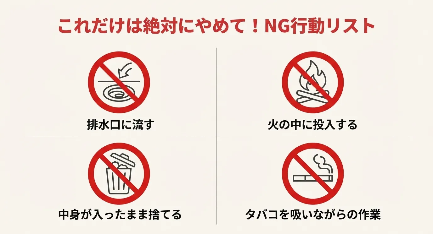 排水口に流す、火に投入する、中身入りで捨てる、タバコを吸いながら作業することへの禁止マーク。