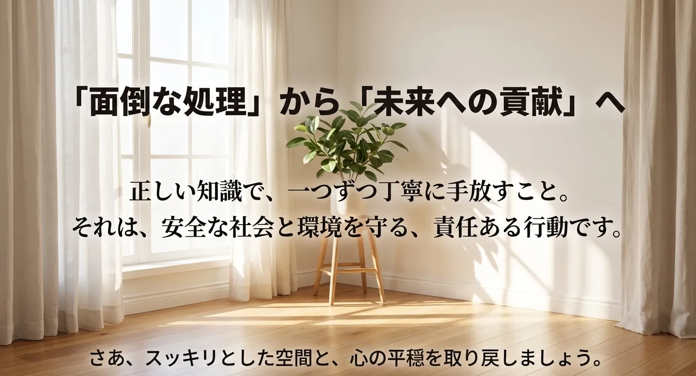 「面倒な処理」から「未来への貢献」へというメッセージ。正しい知識で手放すことが安全な社会を守るという結び。