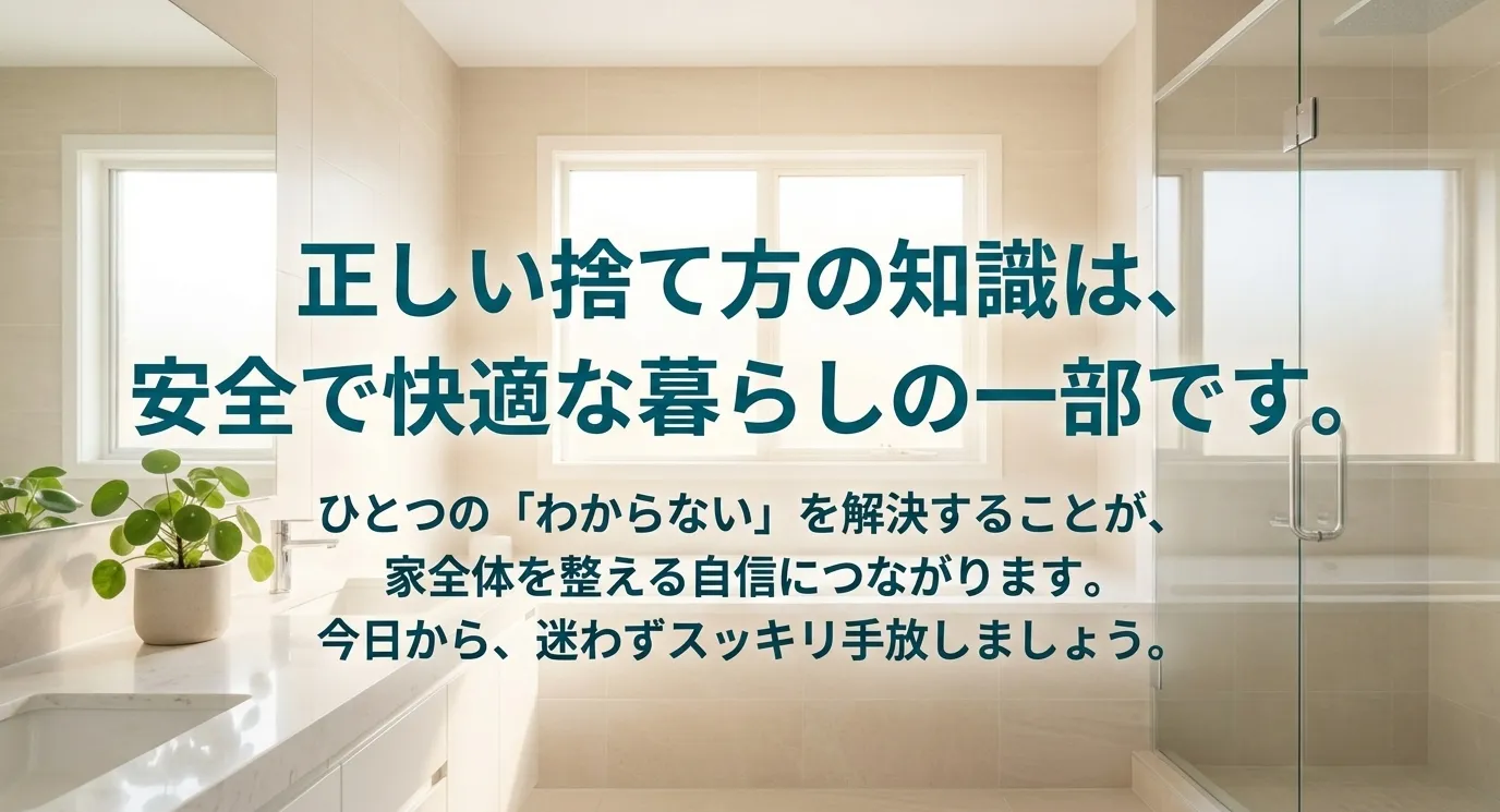 正しい捨て方の知識が安全で快適な暮らしに繋がり、迷わず手放す自信になるというメッセージスライド。