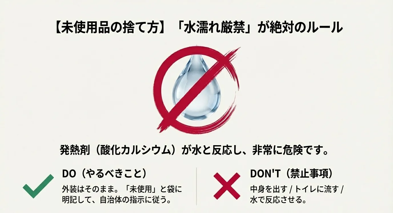 未使用品を捨てる際の「水濡れ厳禁」ルール。外装は剥がさず「未使用」と明記すること、中身を出したりトイレに流したりしないことの警告。