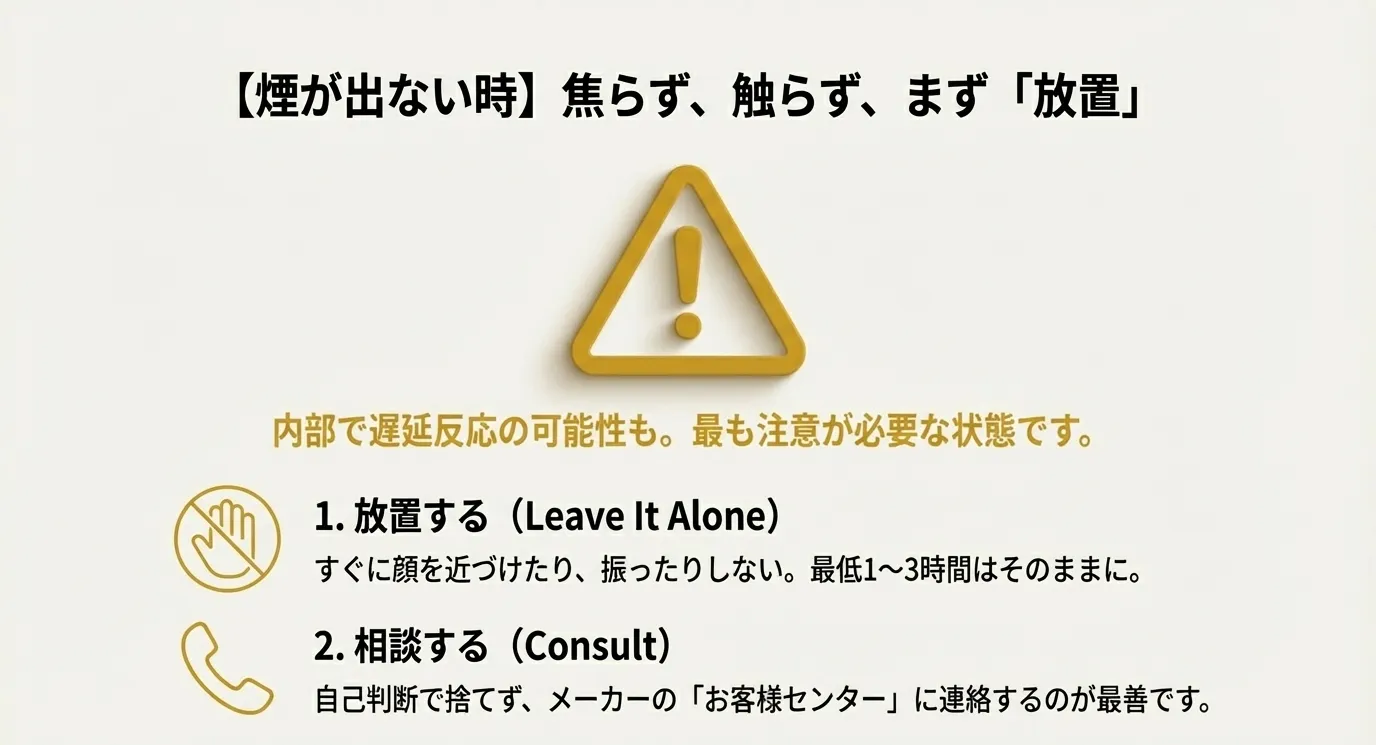 煙が出ない場合、焦らず触らず1〜3時間放置すること、そして自己判断で捨てずにメーカーのお客様センターへ相談することを推奨する説明。