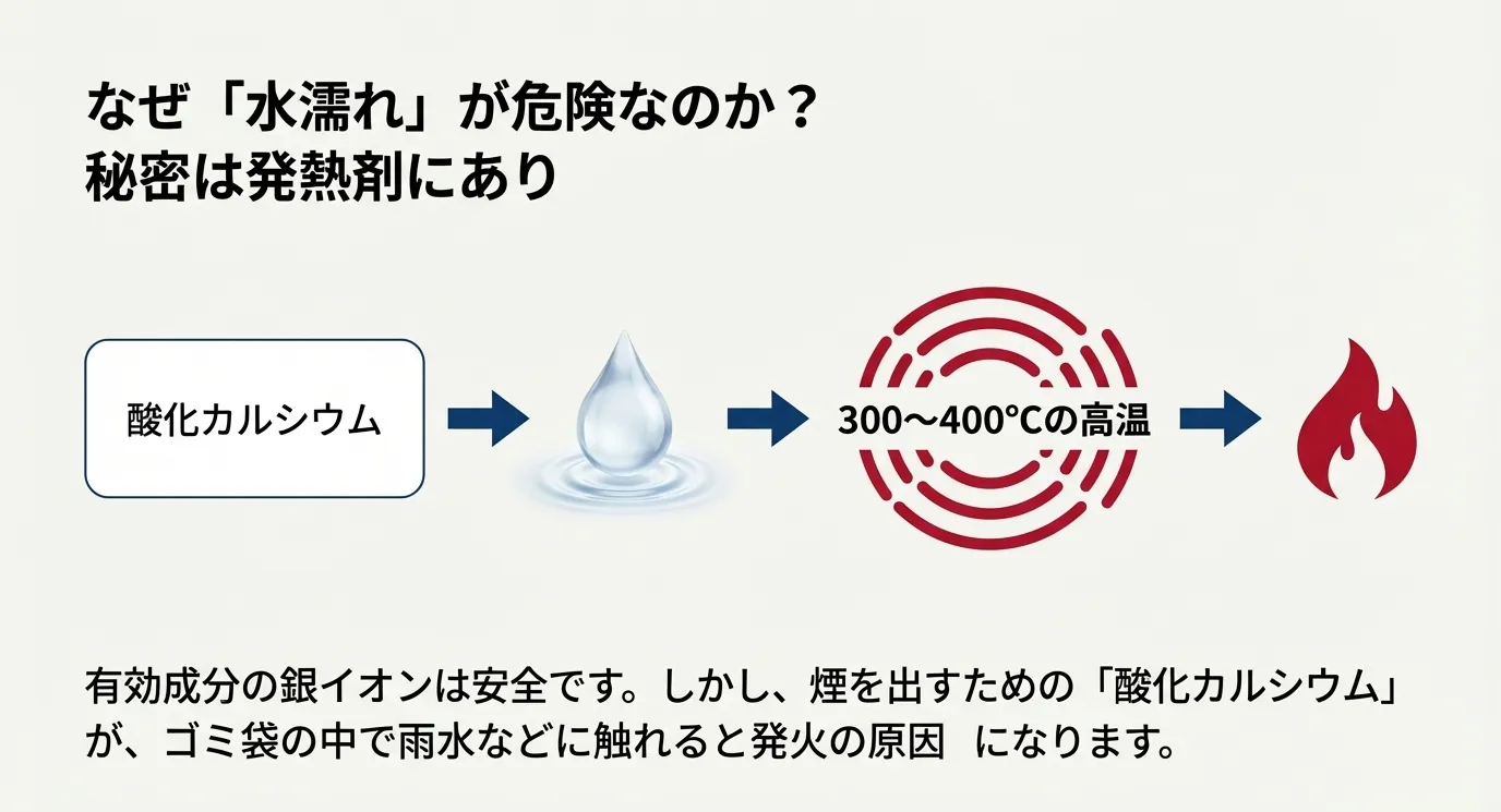 酸化カルシウムが水と反応すると300〜400℃の高温になり発火の原因になることを示すフロー図。