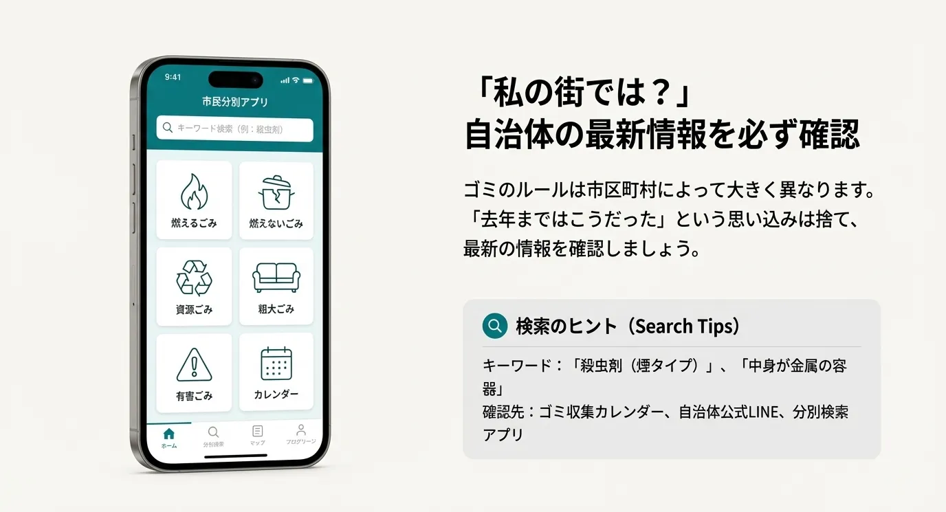 市民分別アプリのイメージ画面と、最新の自治体情報を確認するための検索ヒント（「殺虫剤（煙タイプ）」など）の紹介