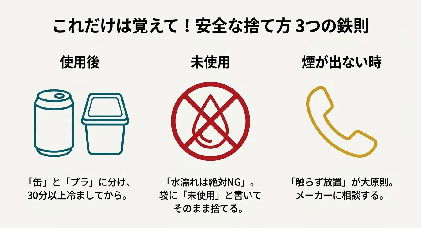 使用後は「分ける・冷ます」、未使用は「水濡れNG・明記する」、煙が出ない時は「触らず放置・相談」という3つのポイントをまとめた図解。