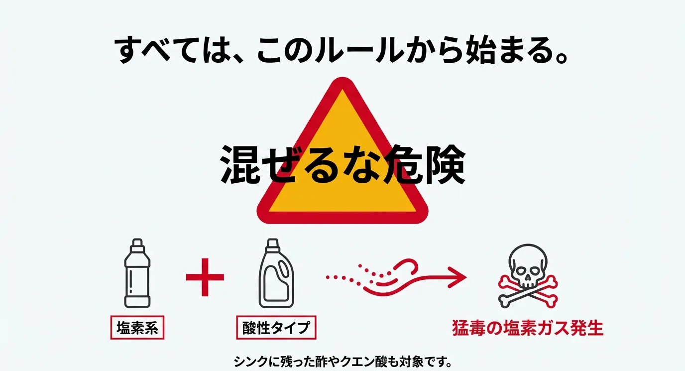 塩素系の製品と、酸性タイプ（酢やクエン酸など）が混ざると、猛毒の塩素ガスが発生するため非常に危険です。