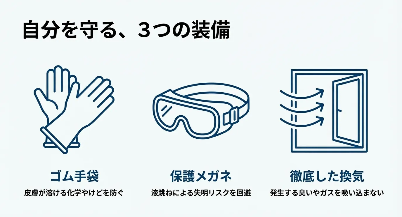 化学やけどを防ぐゴム手袋、失明リスクを回避する保護メガネ、ガスを吸い込まないための徹底した換気の3つを準備しましょう。
