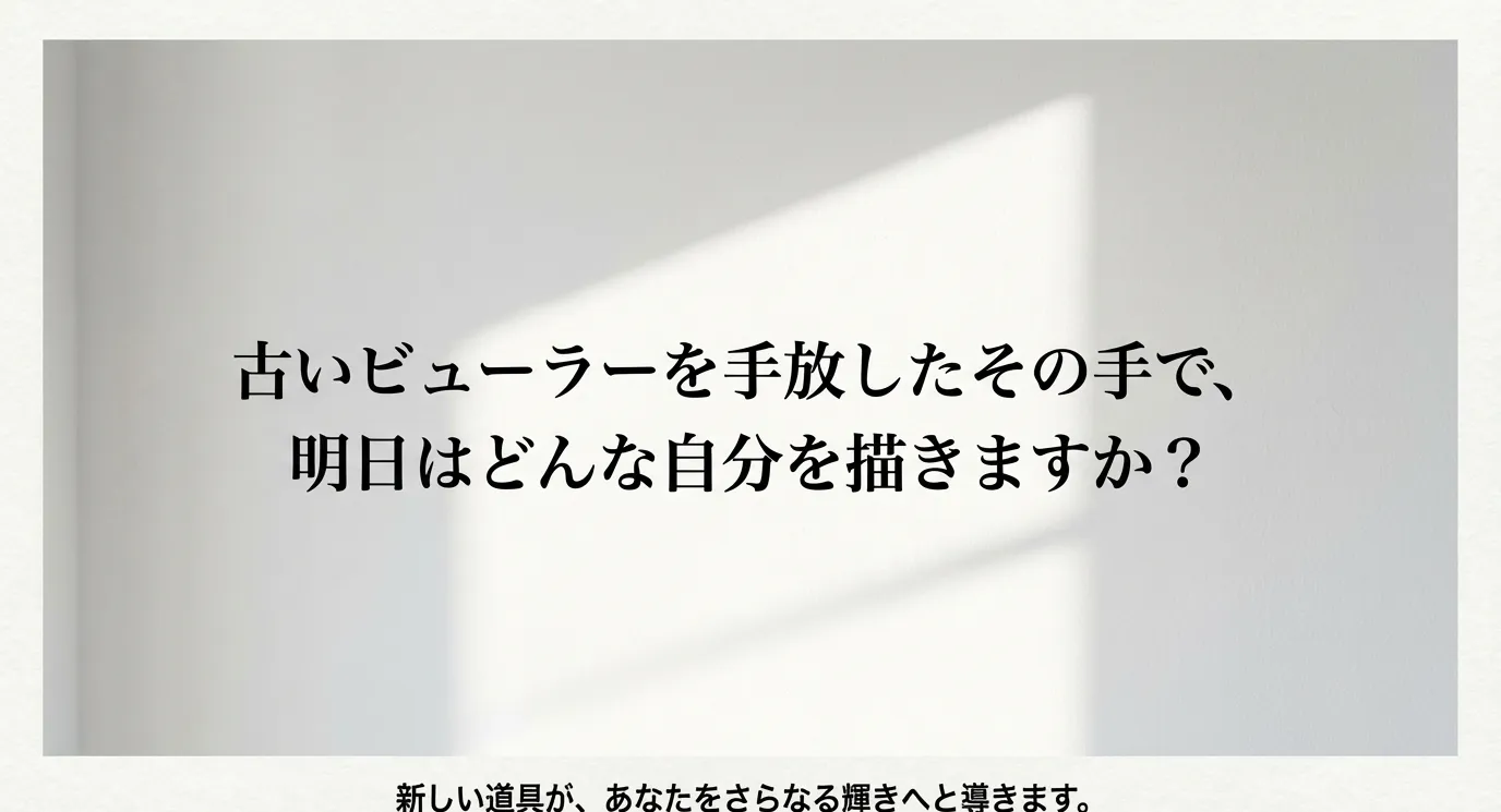 古い道具を手放し、新しい自分を描くことを促す、前向きな結びのメッセージスライド。