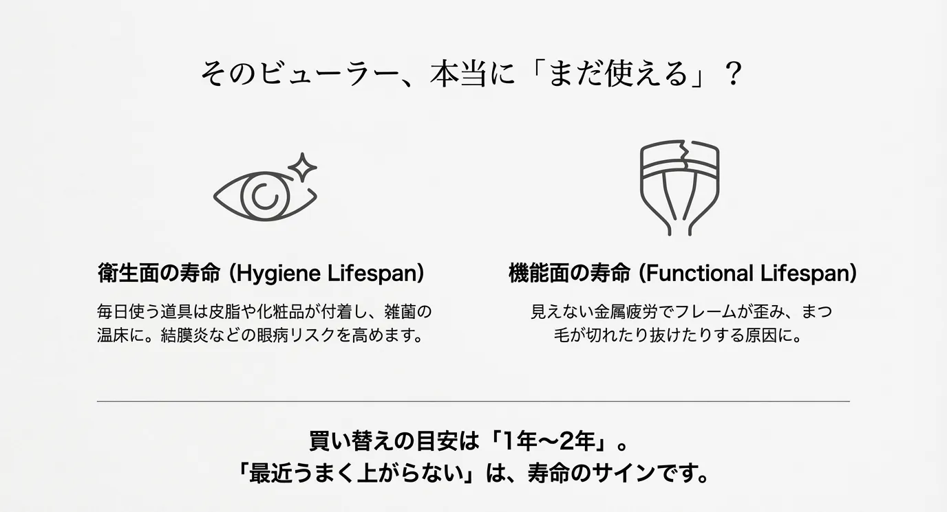 ひび割れたビューラーのアイコン。衛生面と機能面（金属疲労）の寿命、買い替え目安が1〜2年であることを説明したスライド。