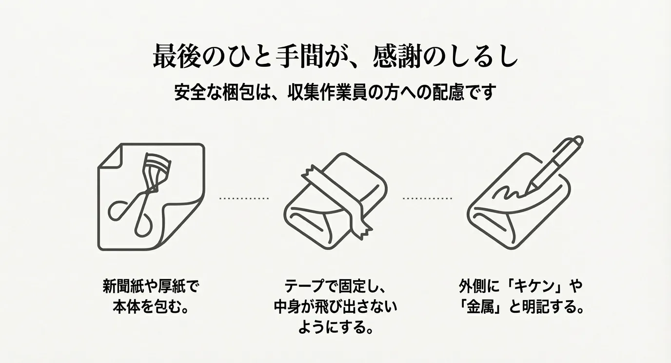 ビューラーを紙で包み、テープで留め、ペンで中身を書く手順を示す3つのアイコン。収集作業員への配慮を強調するデザイン。