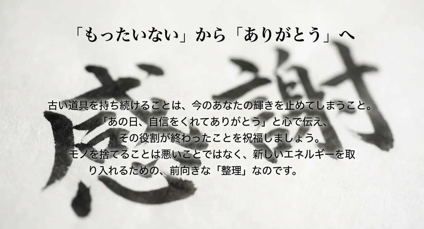 手放す道具への感謝を伝えるメッセージ。「感謝」と「整理」を通じて新しいエネルギーを取り入れるマインドセットを解説。