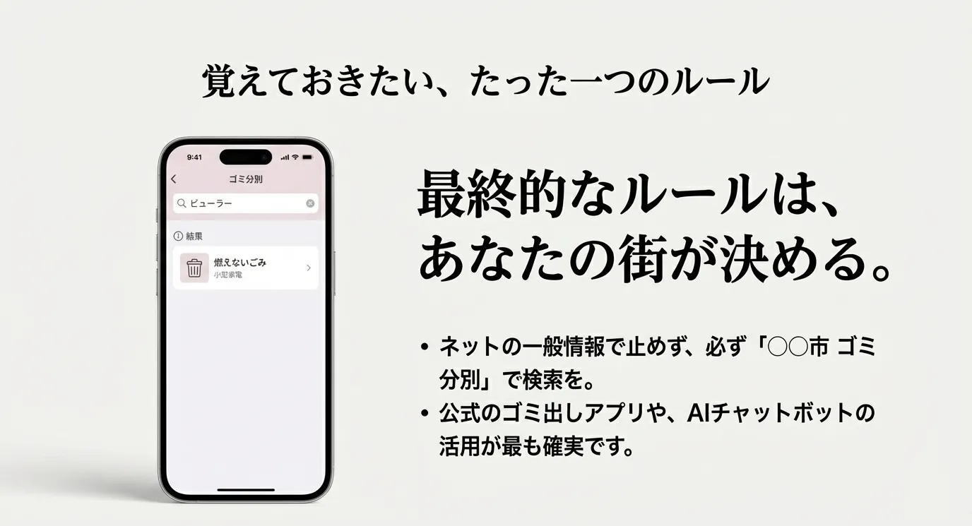 スマートフォンのゴミ分別検索画面のイラスト。「〇〇市 ゴミ分別」で検索することや、AIチャットボットの活用を推奨する内容。