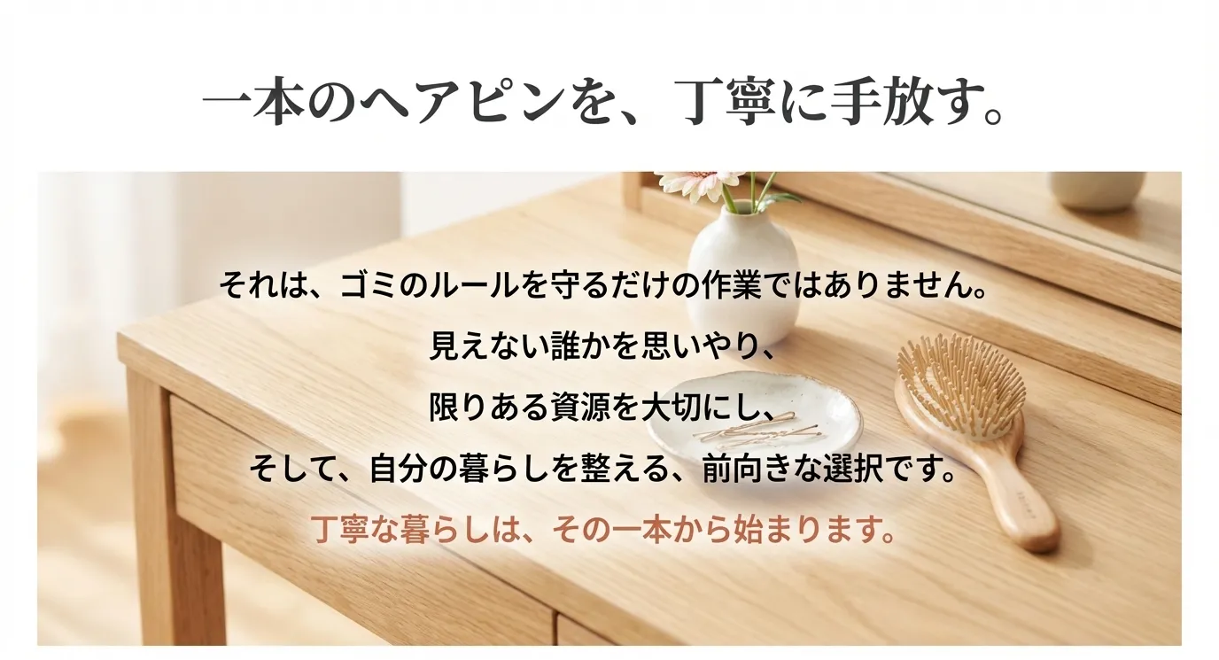 ヘアピンを丁寧に手放すことが、社会への思いやりや自分の暮らしを整える前向きな選択であることを伝えるまとめのスライド。