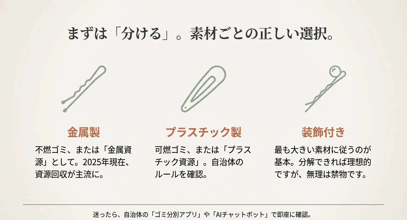 金属製(不燃ゴミ・金属資源)、プラスチック製(可燃・プラ資源)、装飾付き(大きい素材に従う)の分別方法をまとめたチャート