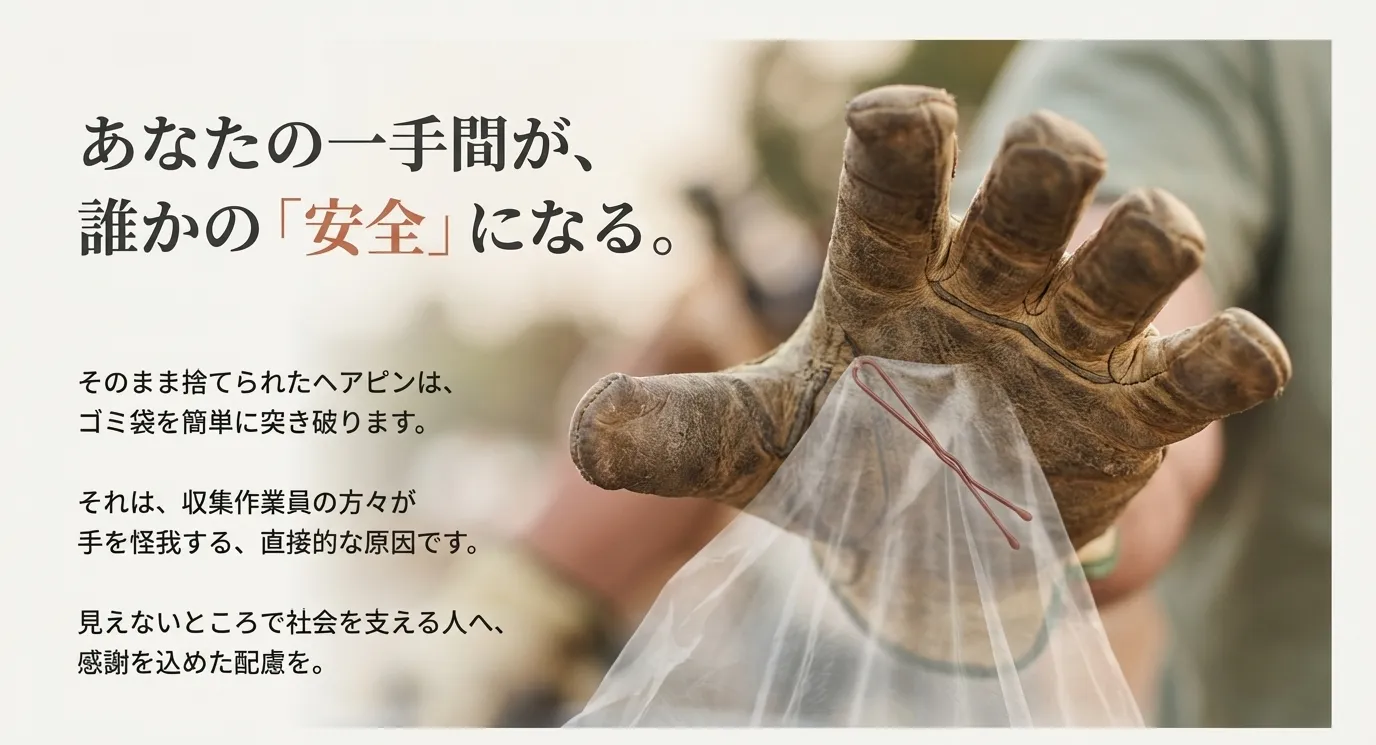 そのまま捨てられたヘアピンがゴミ袋を突き破り、収集作業員の怪我の原因になることを警告するイメージスライド。